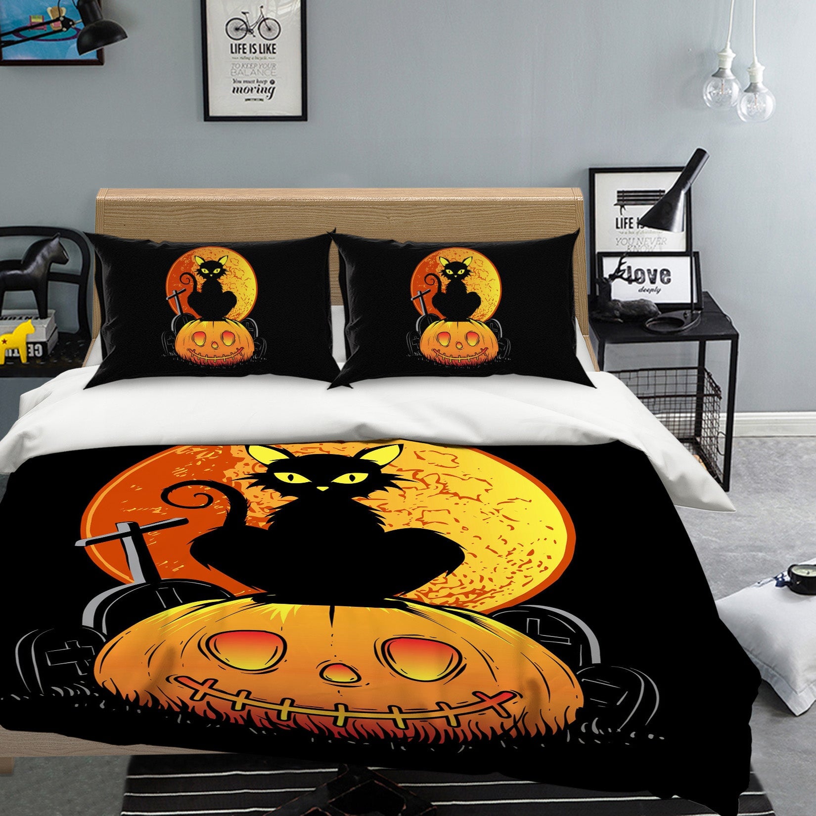 3D Moon Cat Pumpkin 1214 Halloween Bed Pillowcases Quilt Quiet Covers AJ Creativity Home 