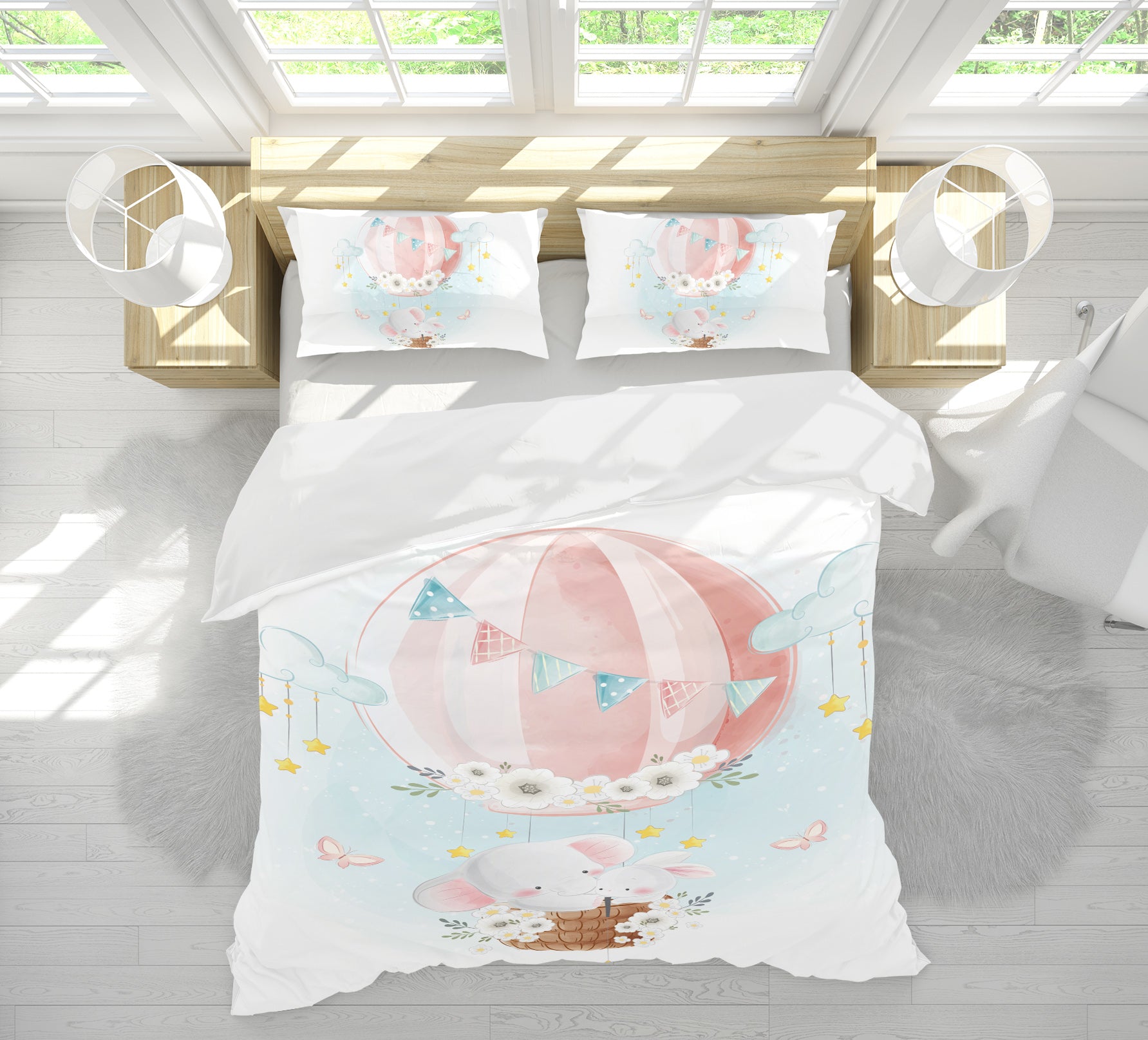 3D Pink Hot Air Balloon Elephant 64022 Bed Pillowcases Quilt