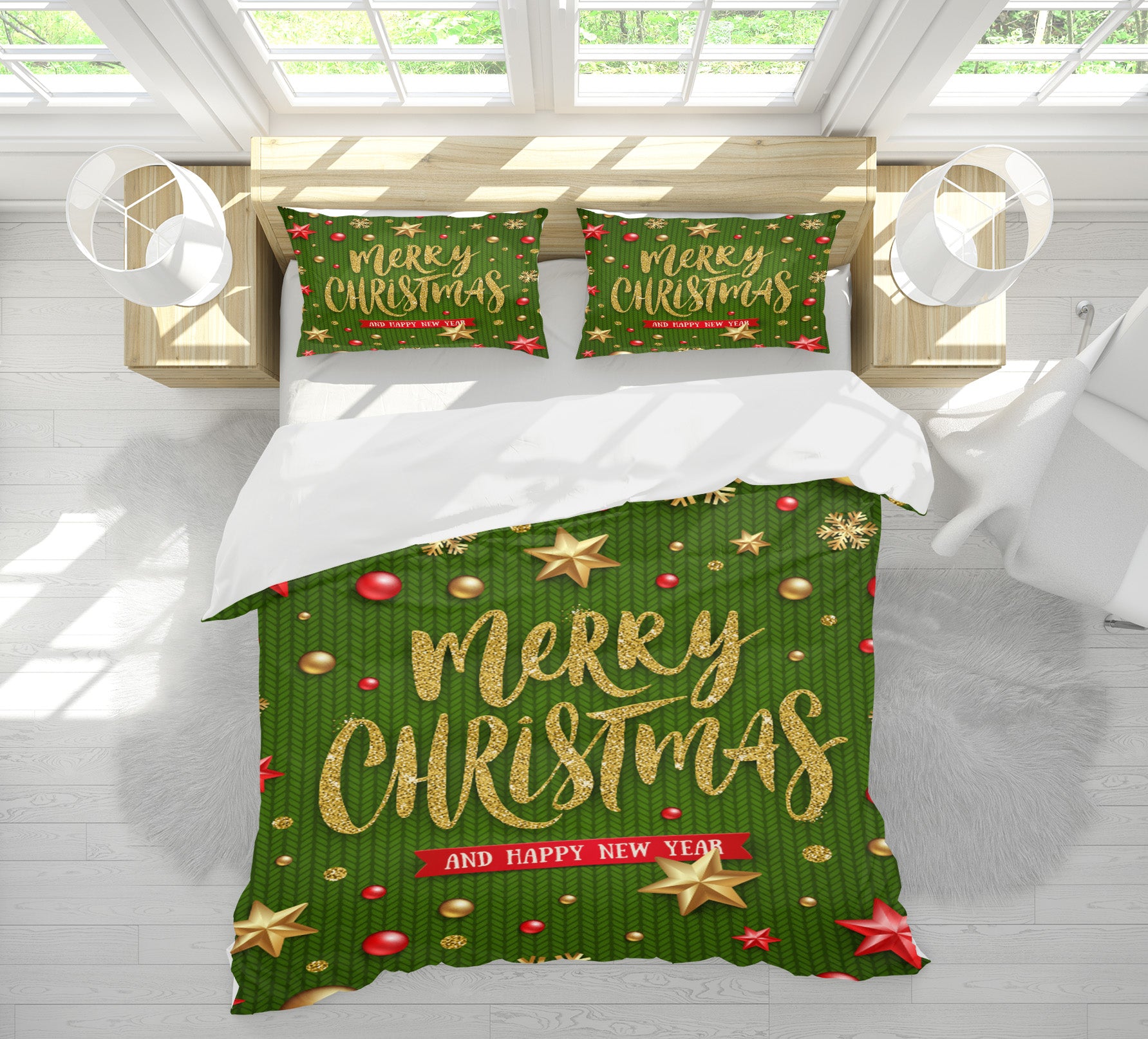 3D Green Background Golden Stars 53007 Christmas Quilt Duvet Cover Xmas Bed Pillowcases