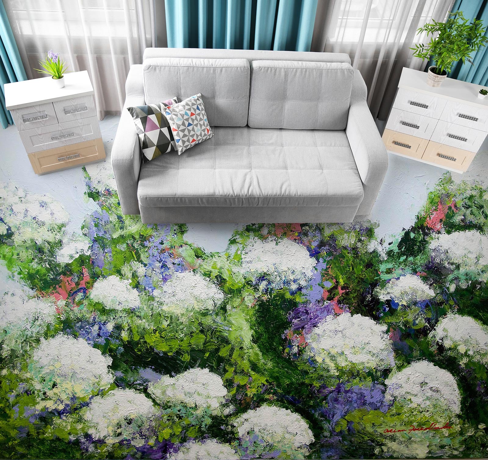 3D White Flowers Clump 9682 Allan P. Friedlander Floor Mural  Wallpaper Murals Self-Adhesive Removable Print Epoxy