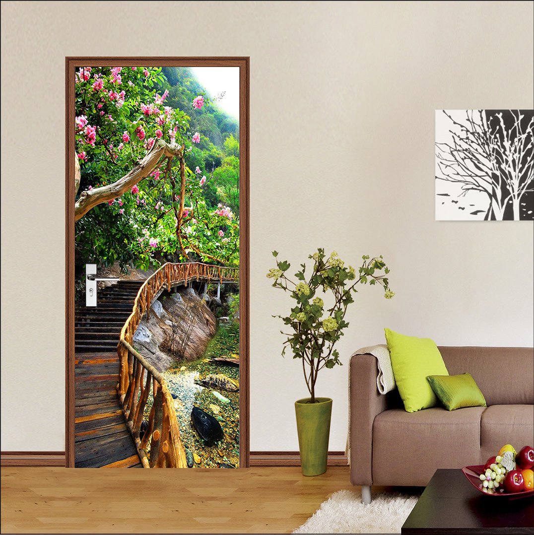 3D plank bridge a blooming tree door mural Wallpaper AJ Wallpaper 