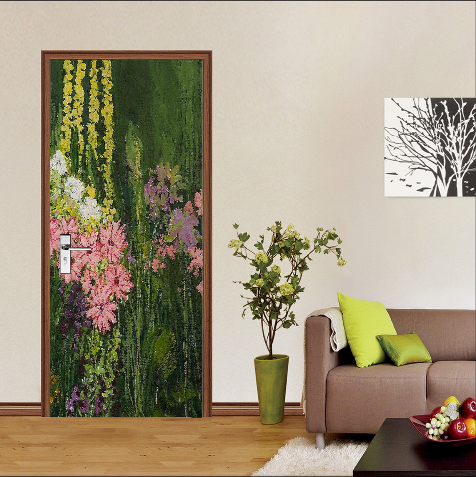 3D Pink Flowers Yellow Vine 9363 Allan P. Friedlander Door Mural