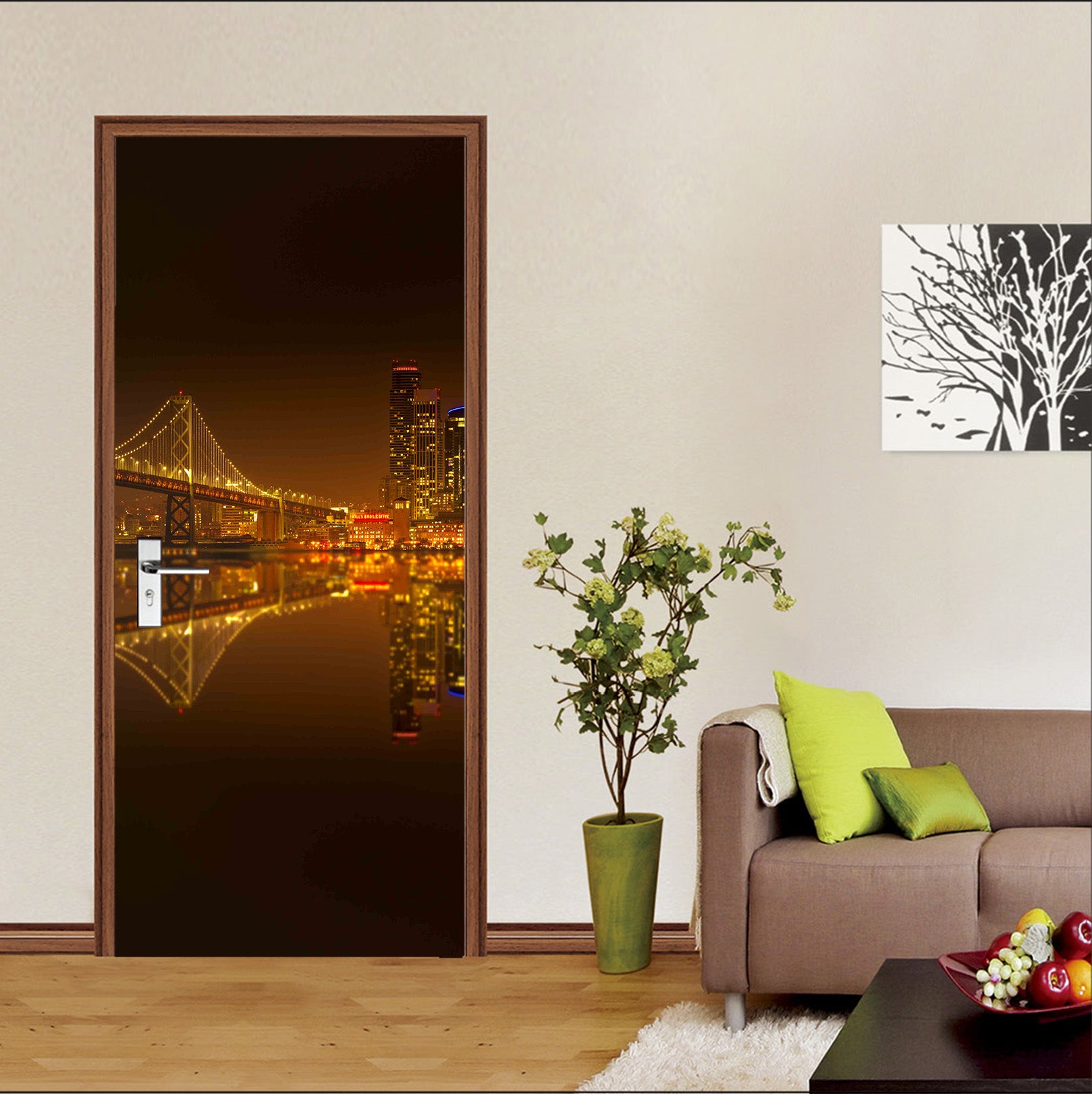 3D Golden Lights Bridge 119116 Marco Carmassi Door Mural