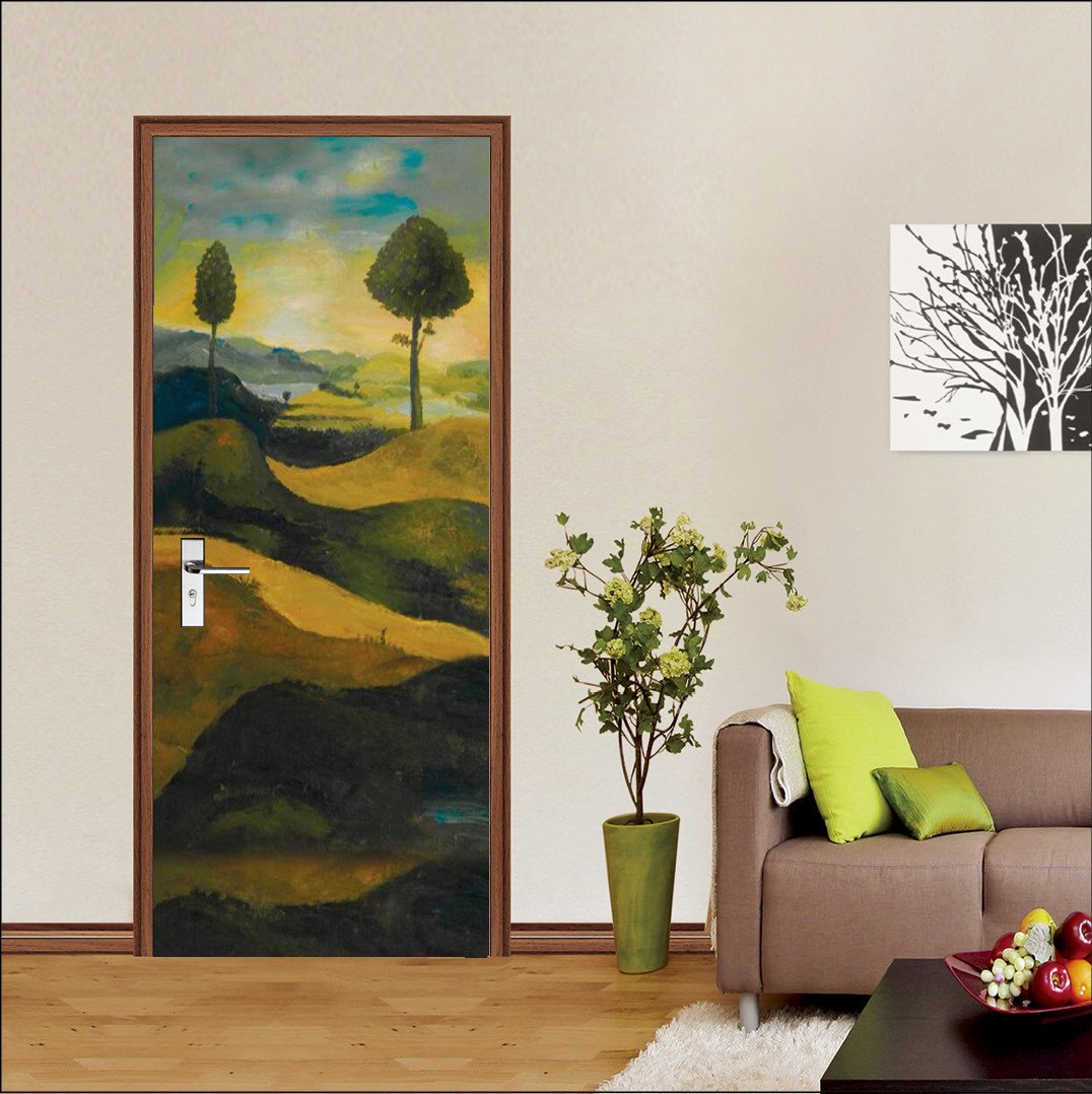 3D setting sun the tree grassland painting door mural Wallpaper AJ Wallpaper 