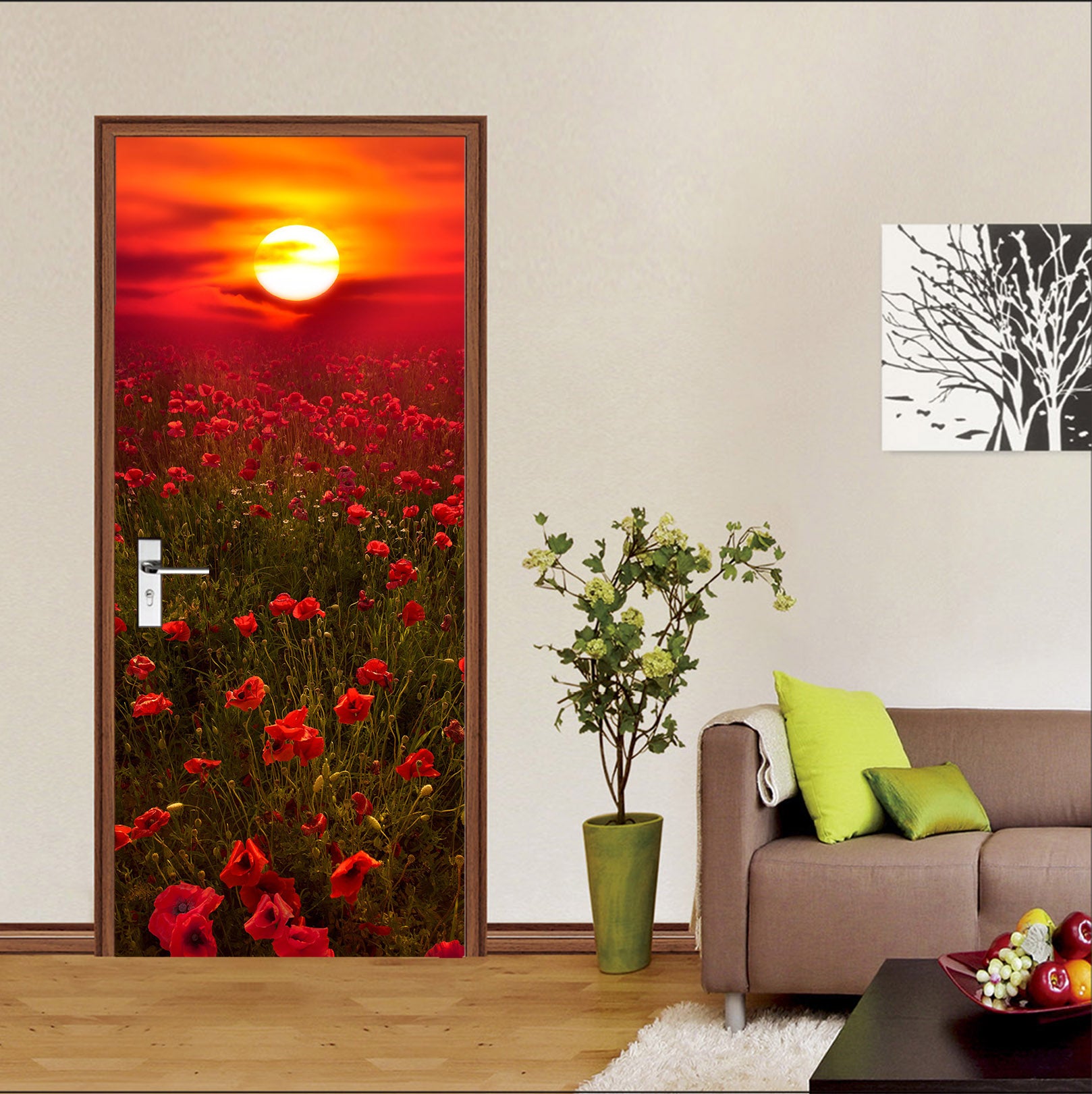 3D Red Sunlight Flower Bush 122147 Marco Carmassi Door Mural