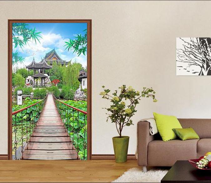 3D suspension bridge classical Pavilion door mural Wallpaper AJ Wallpaper 