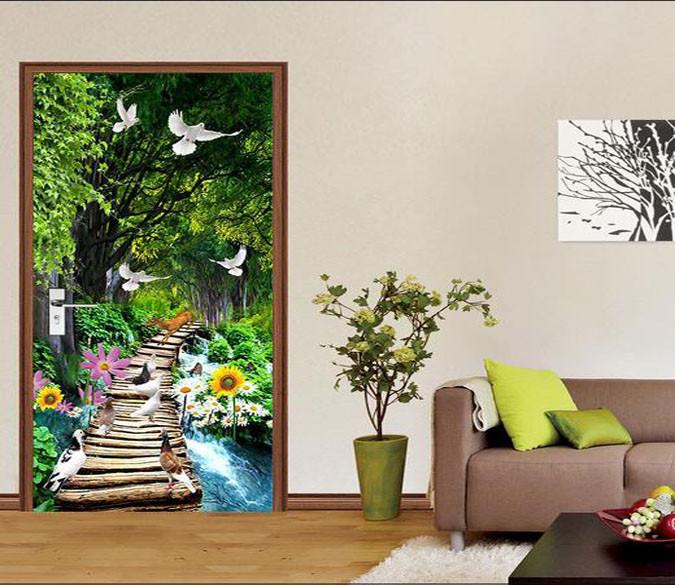 3D seagulls the wood bridge in water door mural Wallpaper AJ Wallpaper 