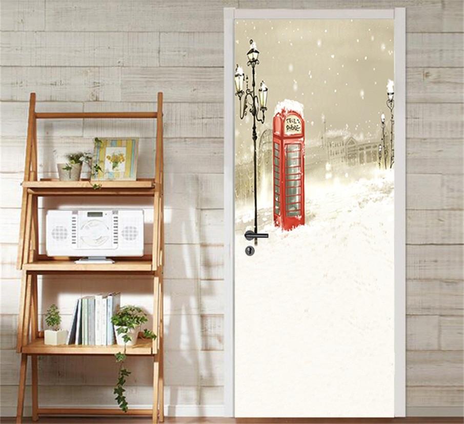 3D telephone booth in snow door mural Wallpaper AJ Wallpaper 