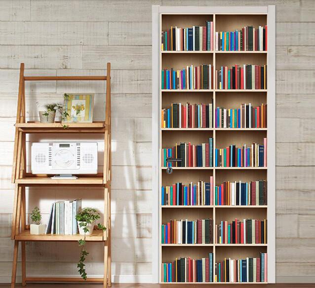 Door Mural Self Adhesive Vinyl Sticker Bookcase With Books on Shelves  Library Door Wrap Removable Wallpaper 