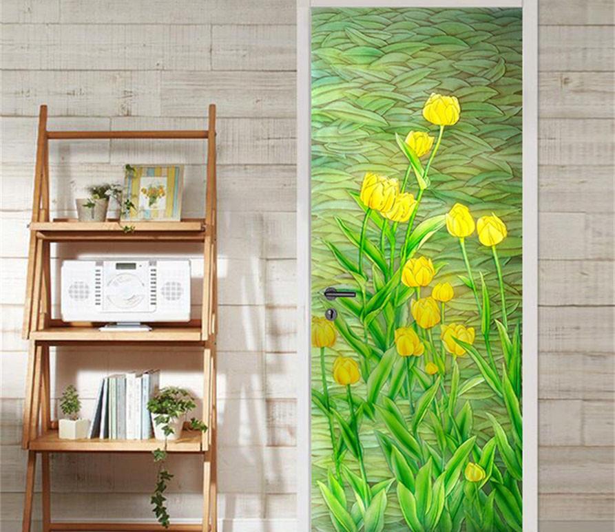 3D tulips green leaf oil Painting door mural Wallpaper AJ Wallpaper 