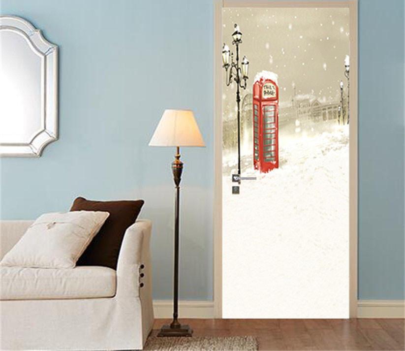 3D telephone booth in snow door mural Wallpaper AJ Wallpaper 