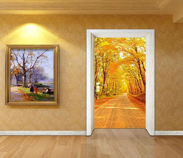 3D yellow tree leaf street door mural Wallpaper AJ Wallpaper 