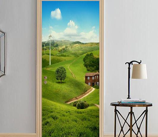 3D grassland windmill tree door mural Wallpaper AJ Wallpaper 