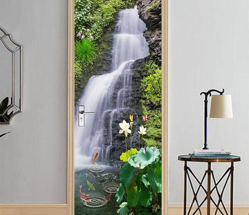 3D lotus carp Waterfall door mural Wallpaper AJ Wallpaper 