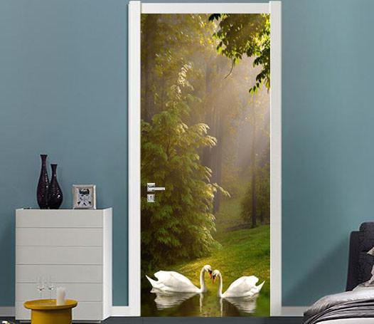 3D swan sunshine green trees door mural Wallpaper AJ Wallpaper 