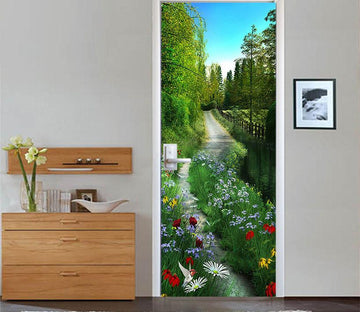 3D path flowers and trees door mural Wallpaper AJ Wallpaper 