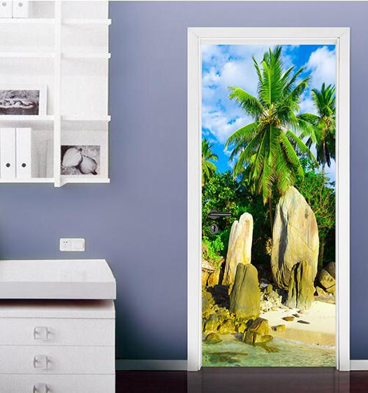 3D rockery palm tree stone door mural Wallpaper AJ Wallpaper 