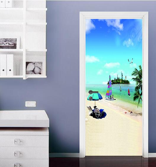 3D sandy beach the blue sky sailing door mural Wallpaper AJ Wallpaper 