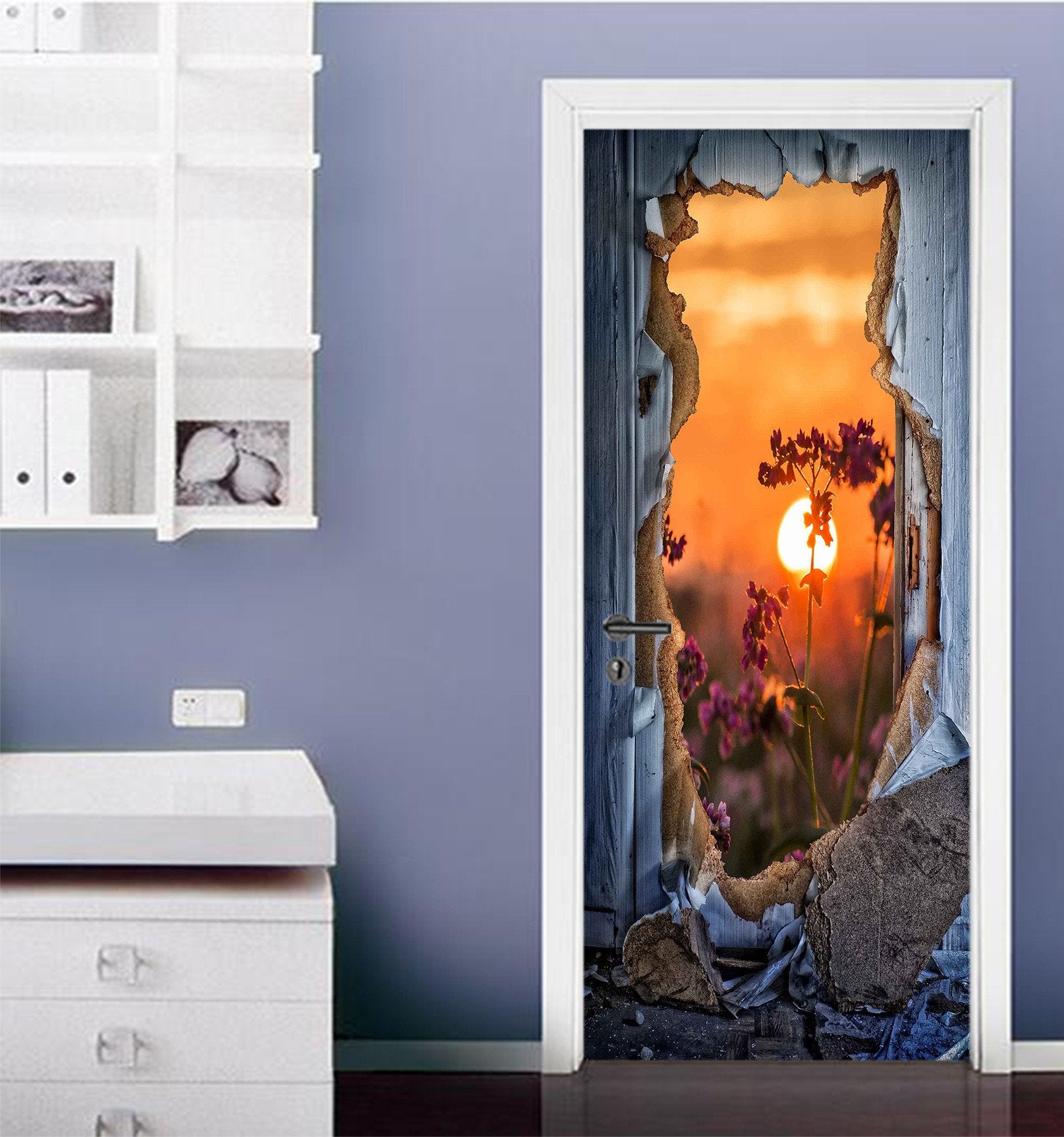 3D Hole Sunset Flowers 17 Door Mural Wallpaper AJ Wallpaper 