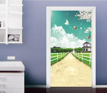 3D house the blue sky and white clouds fence door mural Wallpaper AJ Wallpaper 