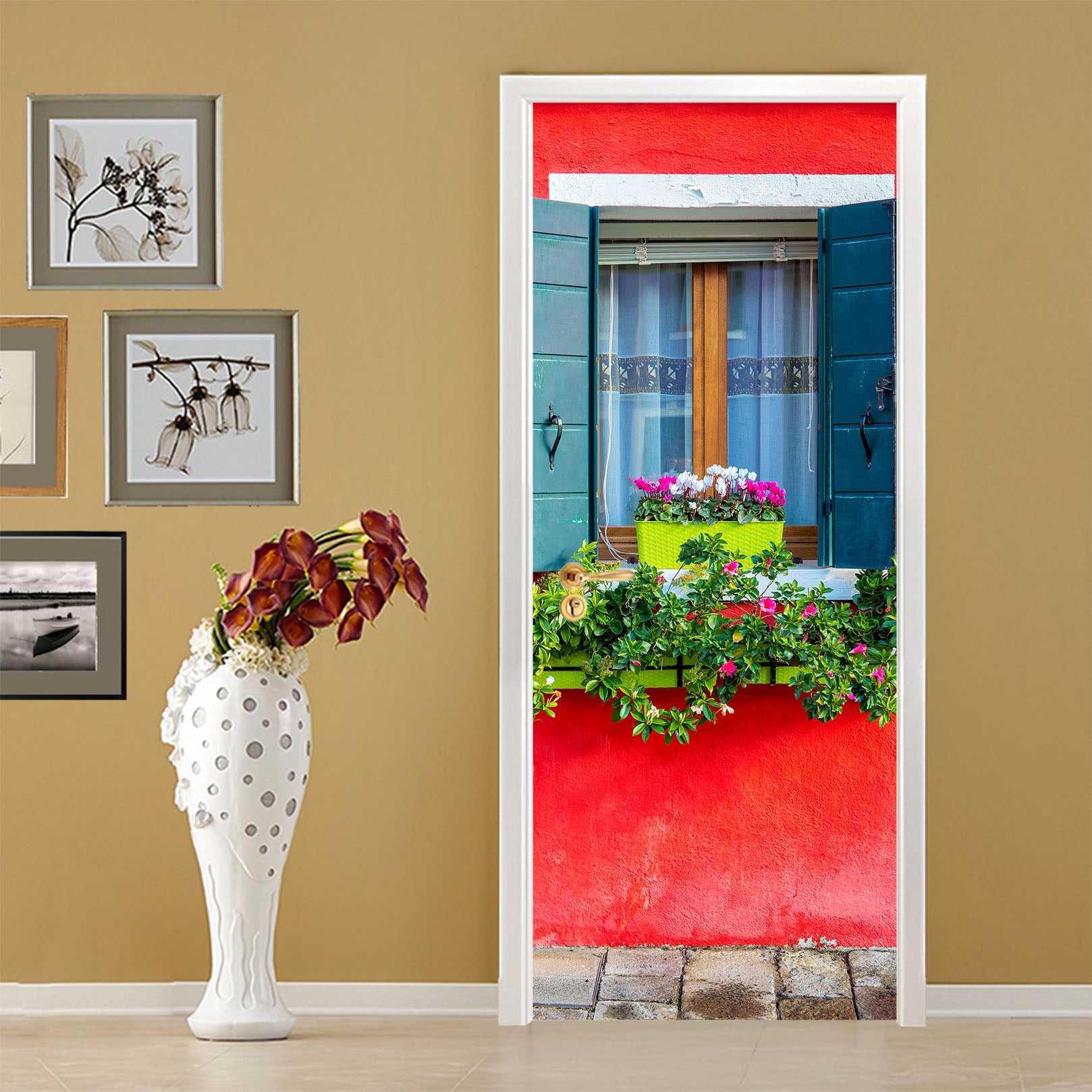 3D Red Window Flowerpot 12223 Marco Carmassi Door Mural