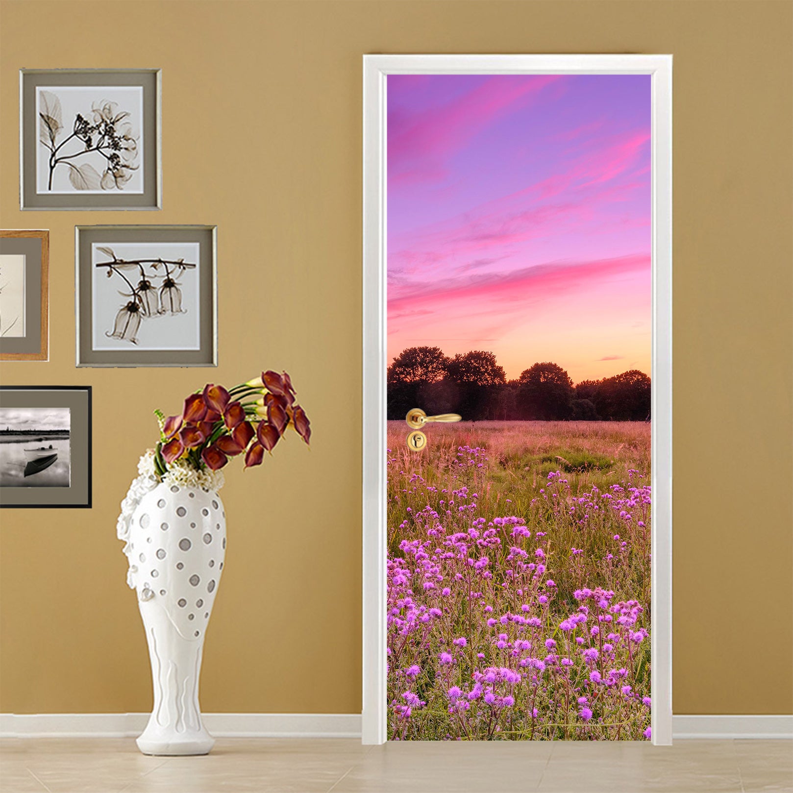 3D Purple Sky Grass Flowers 101222 Assaf Frank Door Mural