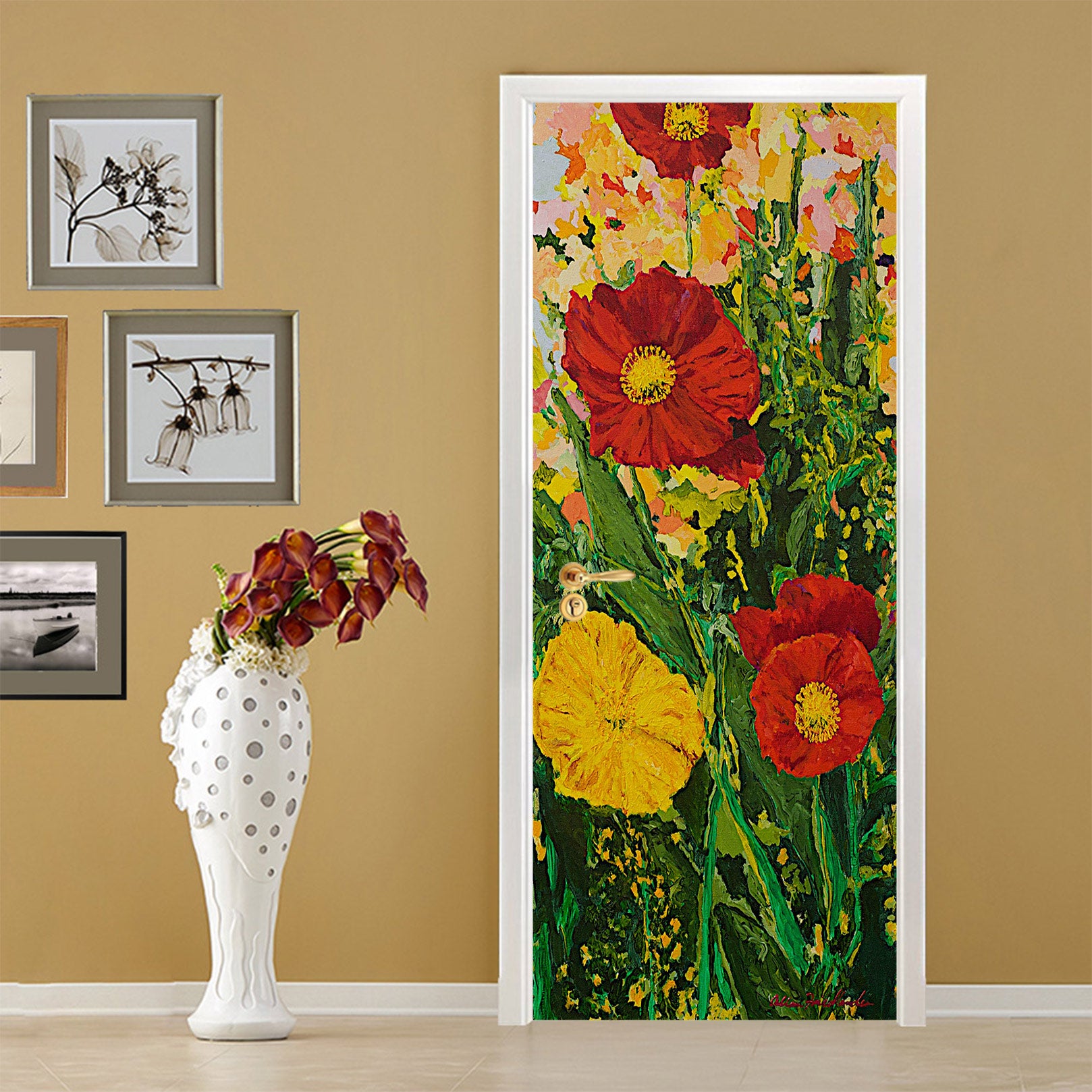 3D Red Yellow Flower Bush 9369 Allan P. Friedlander Door Mural