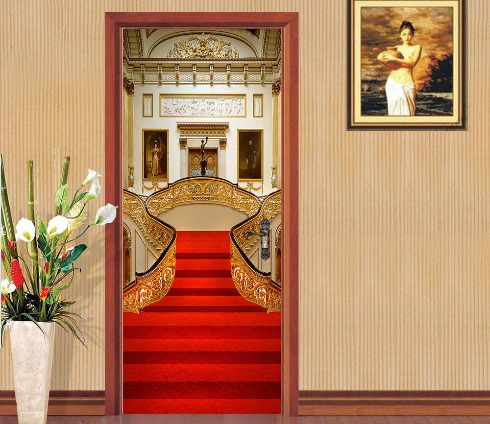 3D red carpet stairs roof door mural Wallpaper AJ Wallpaper 