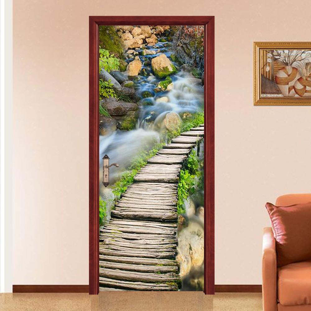 3D small bridges and flowing water door mural Wallpaper AJ Wallpaper 