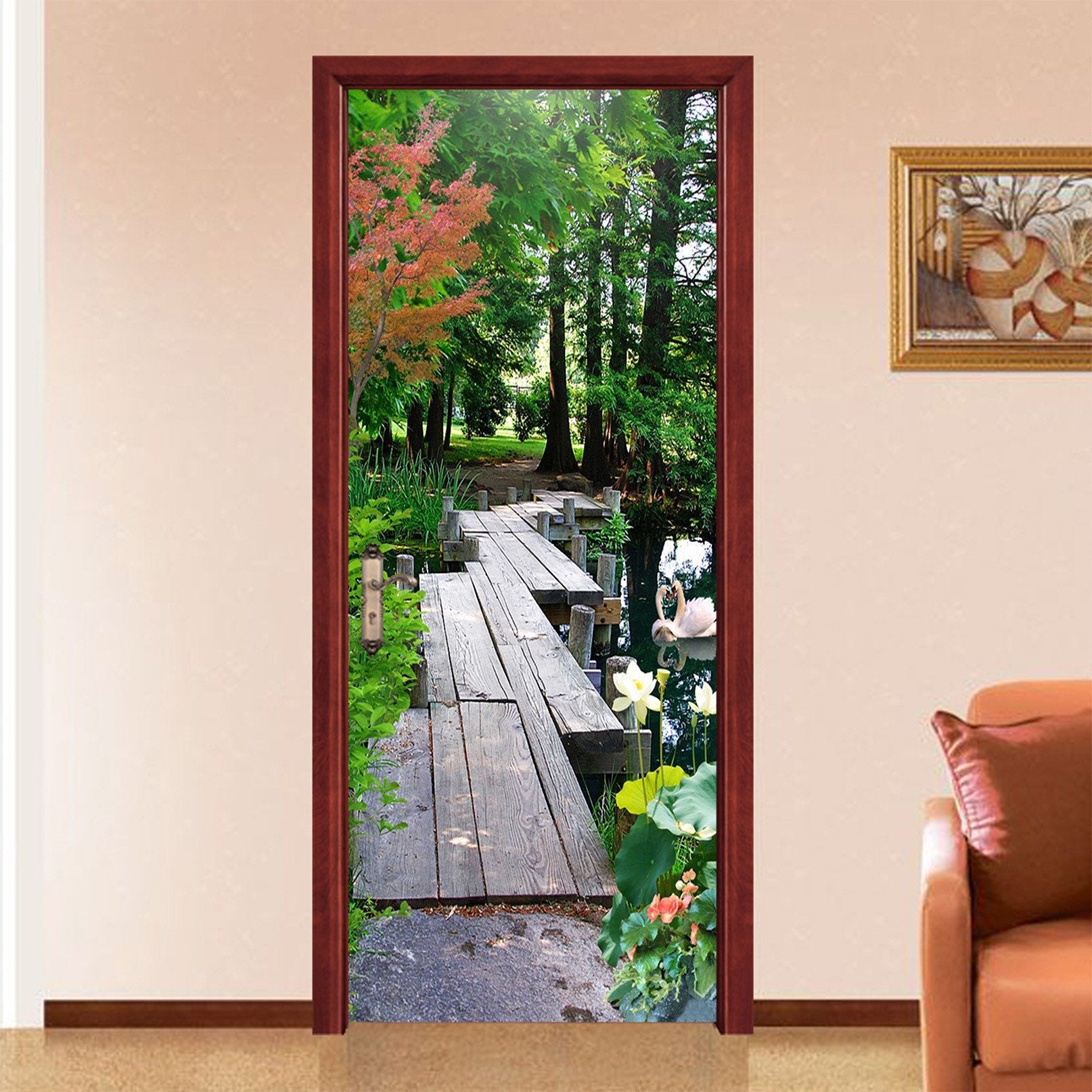 3D Lake Wood Bridge 76 Door Mural Wallpaper AJ Wallpaper 