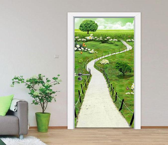 3D path flower and trees door mural Wallpaper AJ Wallpaper 