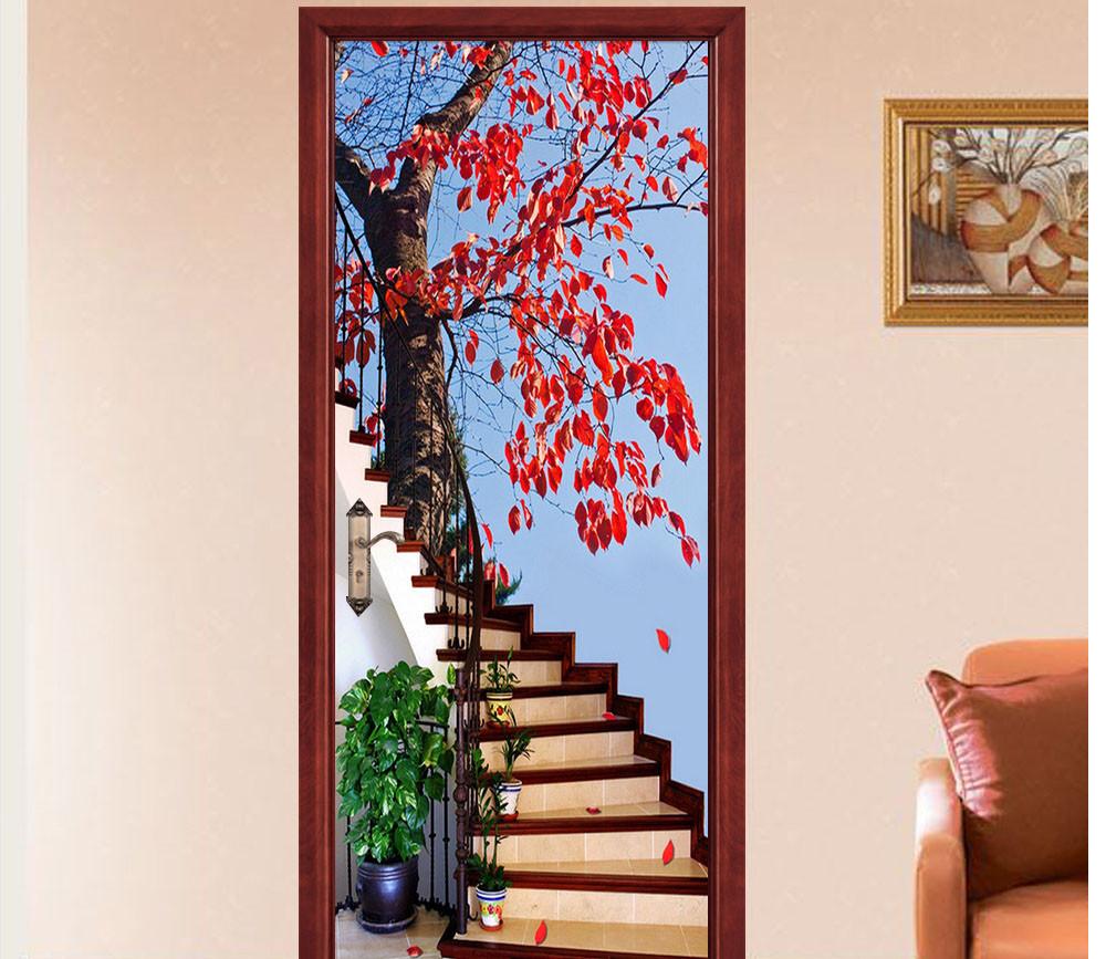 3D maple leaves stairs painting door mural Wallpaper AJ Wallpaper 