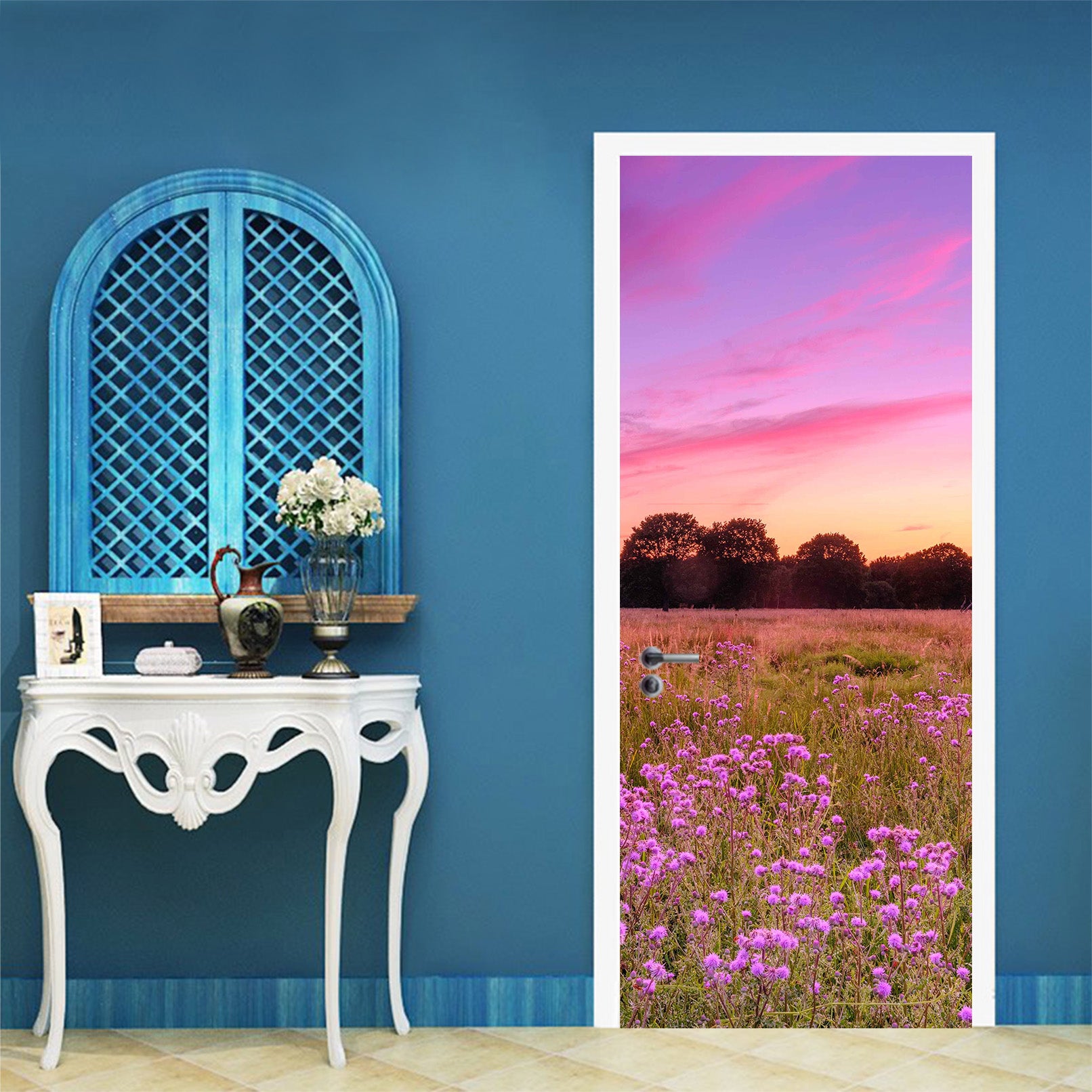 3D Purple Sky Grass Flowers 101222 Assaf Frank Door Mural