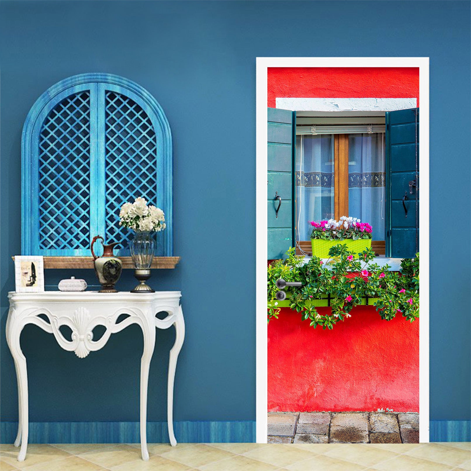 3D Red Window Flowerpot 12223 Marco Carmassi Door Mural