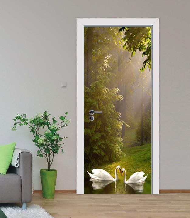 3D swan sunshine green trees door mural Wallpaper AJ Wallpaper 