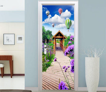 3D hot air balloon plank bridge door mural Wallpaper AJ Wallpaper 