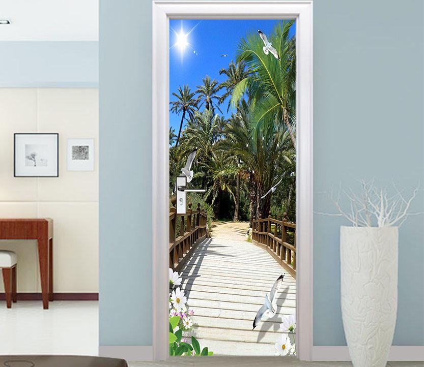 3D plank bridge seagull palm tree door mural Wallpaper AJ Wallpaper 