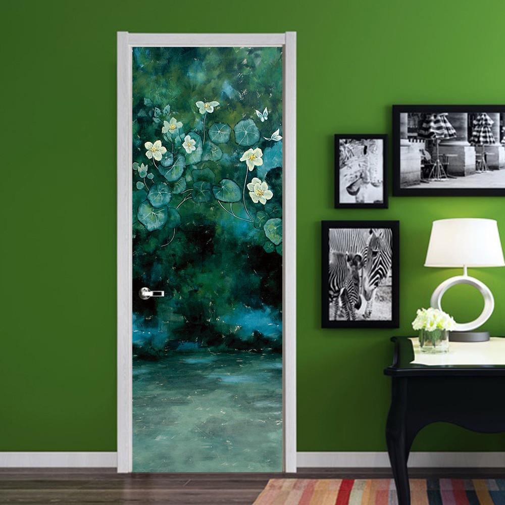 3D white flowers green leaves painting door mural Wallpaper AJ Wallpaper 