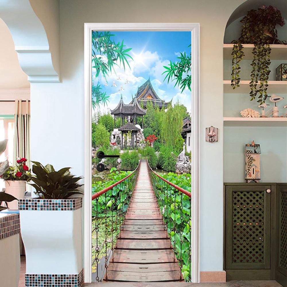 3D suspension bridge classical Pavilion door mural Wallpaper AJ Wallpaper 