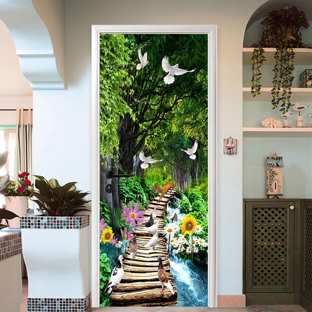 3D seagulls the wood bridge in water door mural Wallpaper AJ Wallpaper 