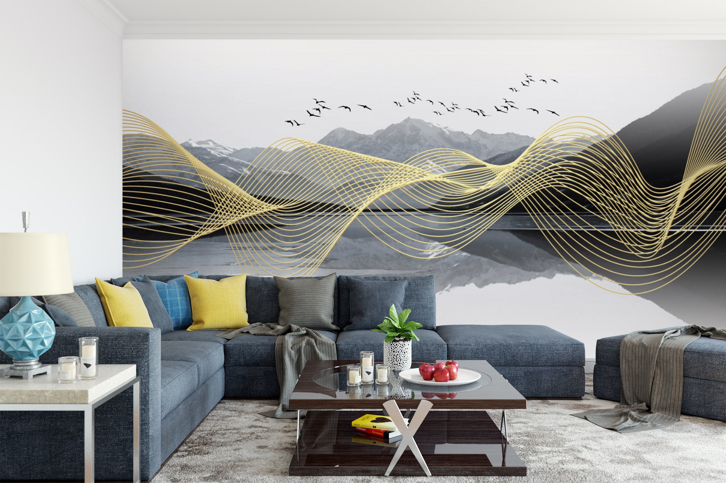 3D Golden Wave 1434 Wall Murals