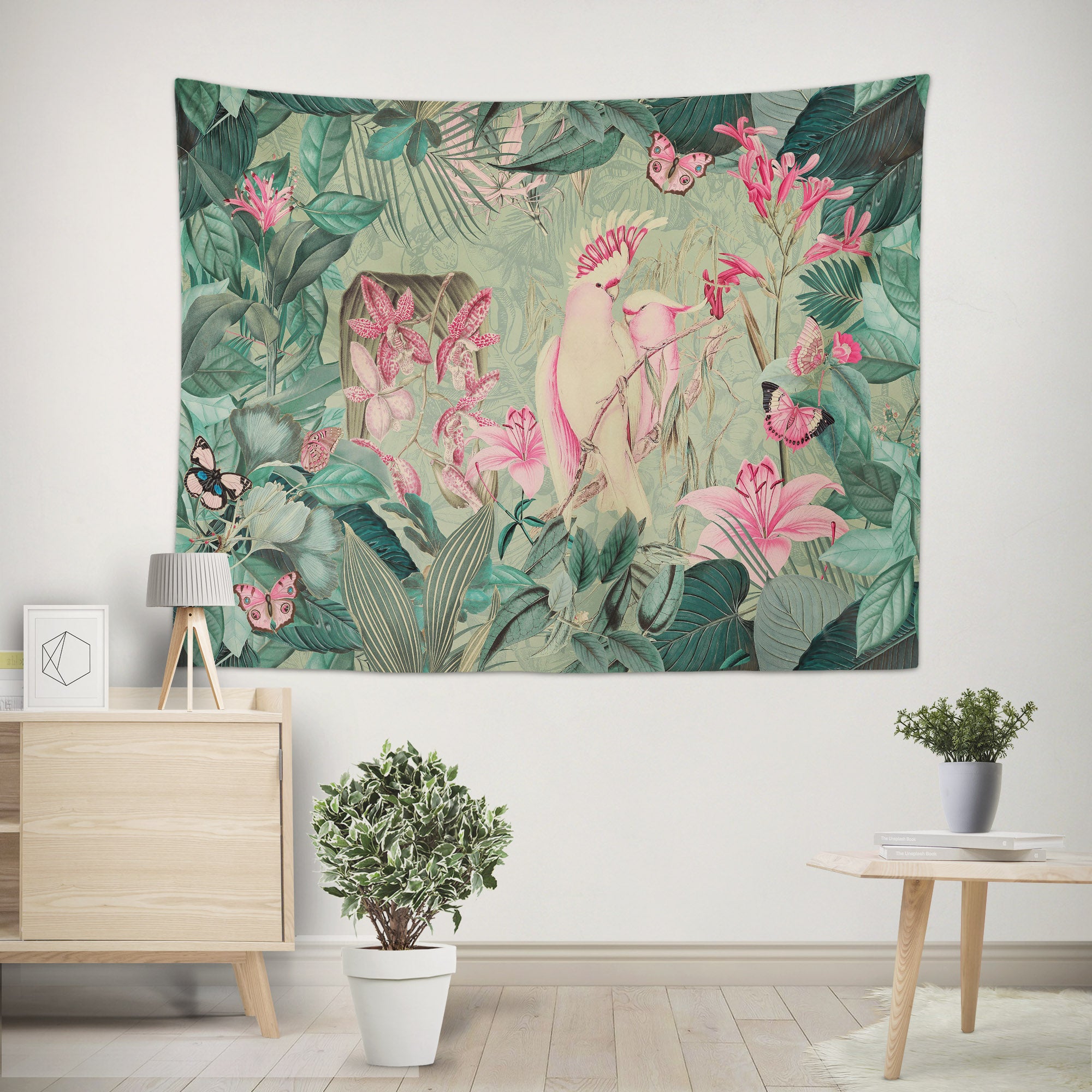 3D Pink Bird Flowers Green Leaves 11839 Andrea haase Tapestry Hanging Cloth Hang