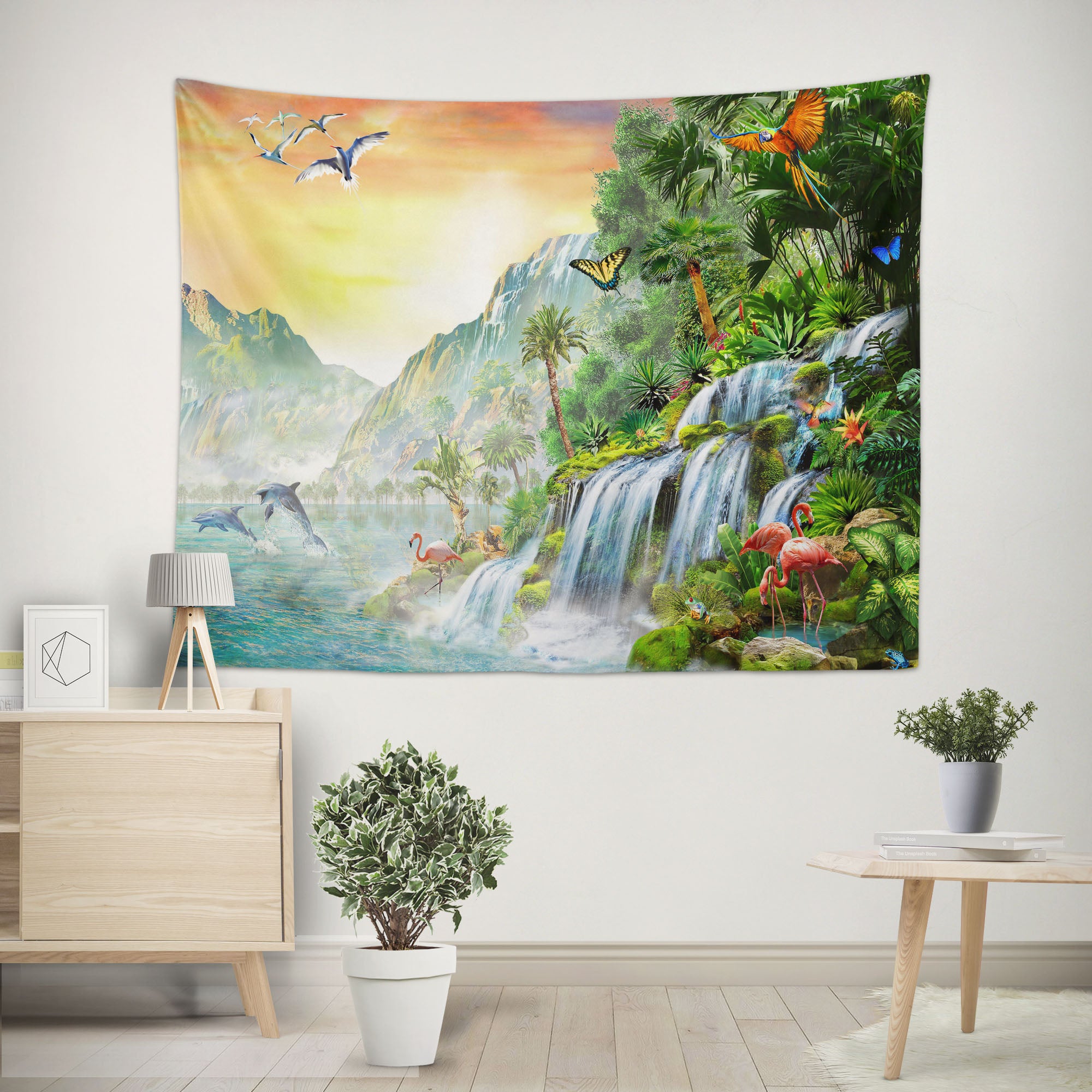 3D Waterfall Flamingo 715 Adrian Chesterman Tapestry Hanging Cloth Hang