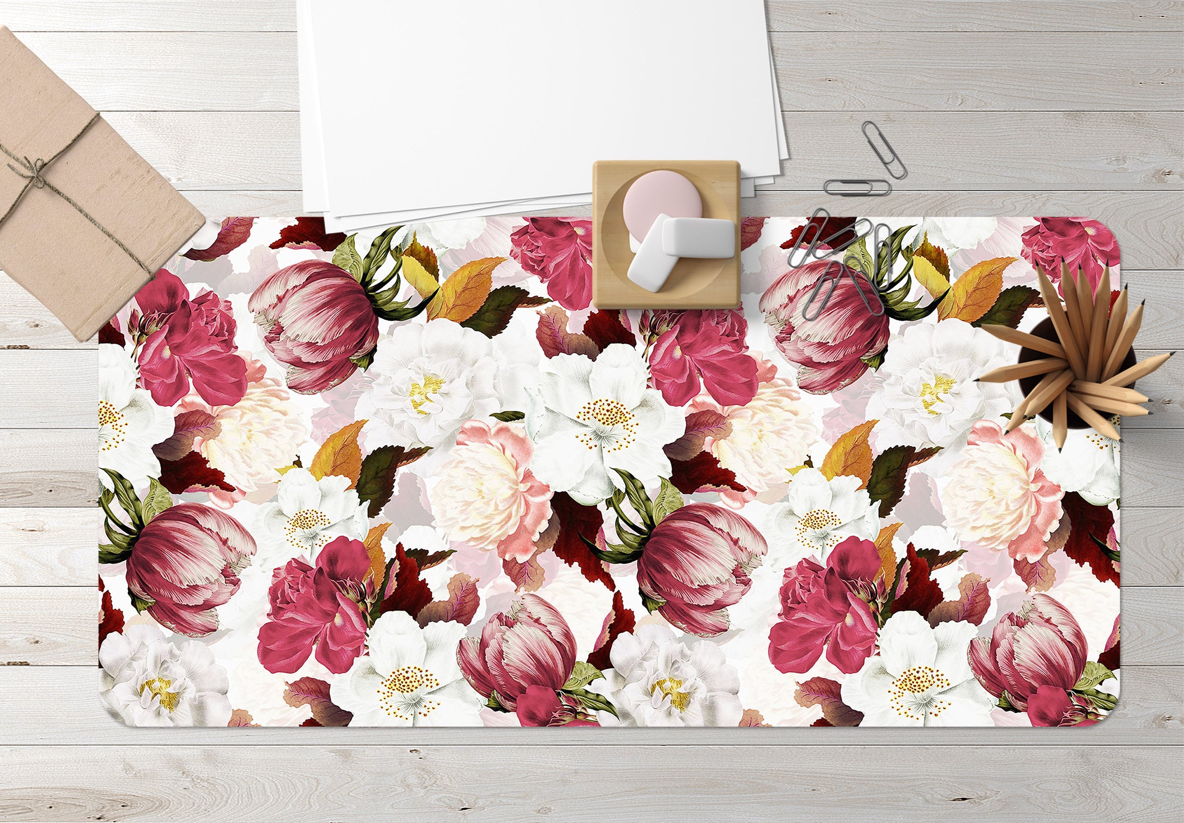 3D White Red Flower Pattern 120205 Uta Naumann Desk Mat