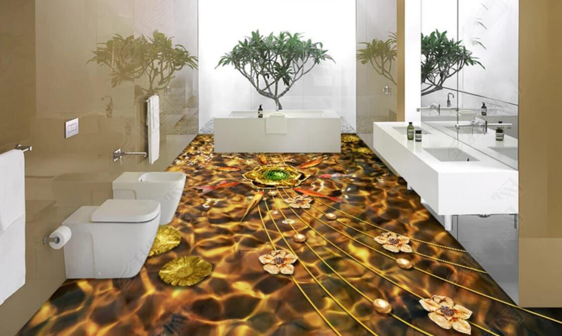 3D Golden Lotus 055 Floor Mural  Self-Adhesive Sticker Bathroom Non-slip Waterproof Flooring Murals