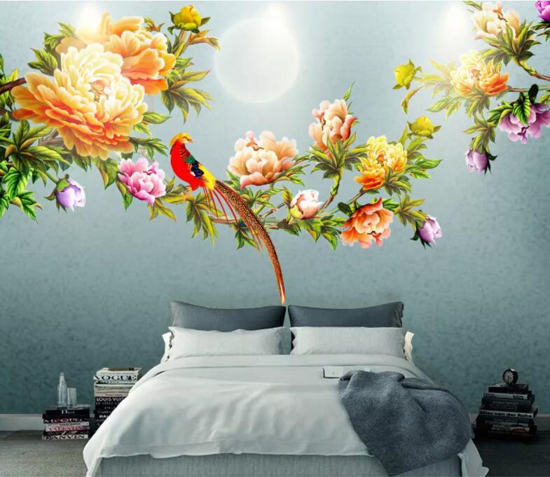 3D Parrot Peony WC901 Wall Murals