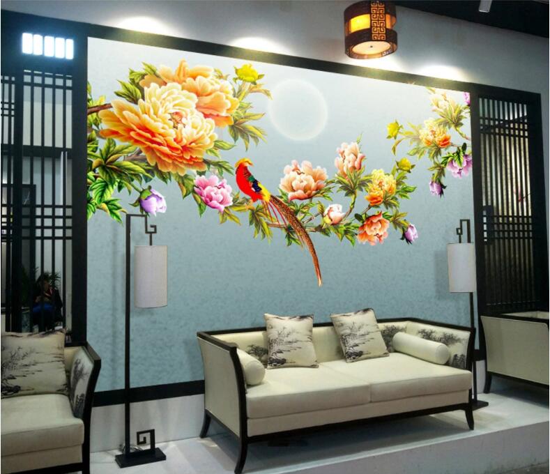 3D Parrot Peony WC901 Wall Murals