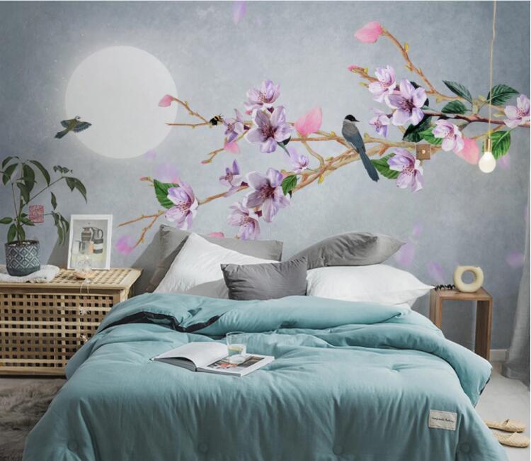 3D Purple Flower Bird WC2474 Wall Murals