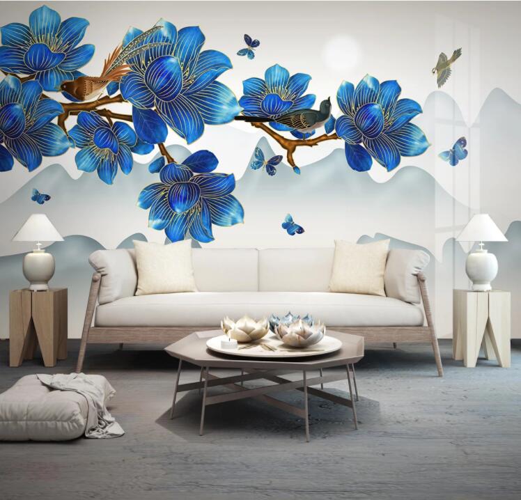 3D Blue Flower Butterfly WC2661 Wall Murals