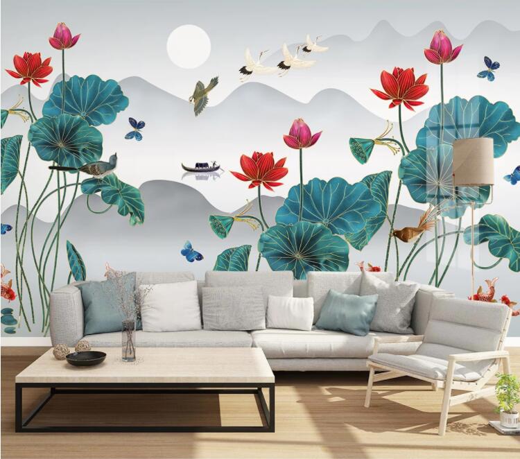 3D Lotus Goldfish WC2627 Wall Murals